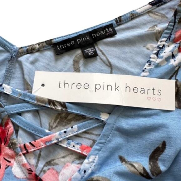 Three Pink Hearts Blue Floral Sleeveless Handkerchief Tunic Top Dress XS NEW - Picture 2 of 10